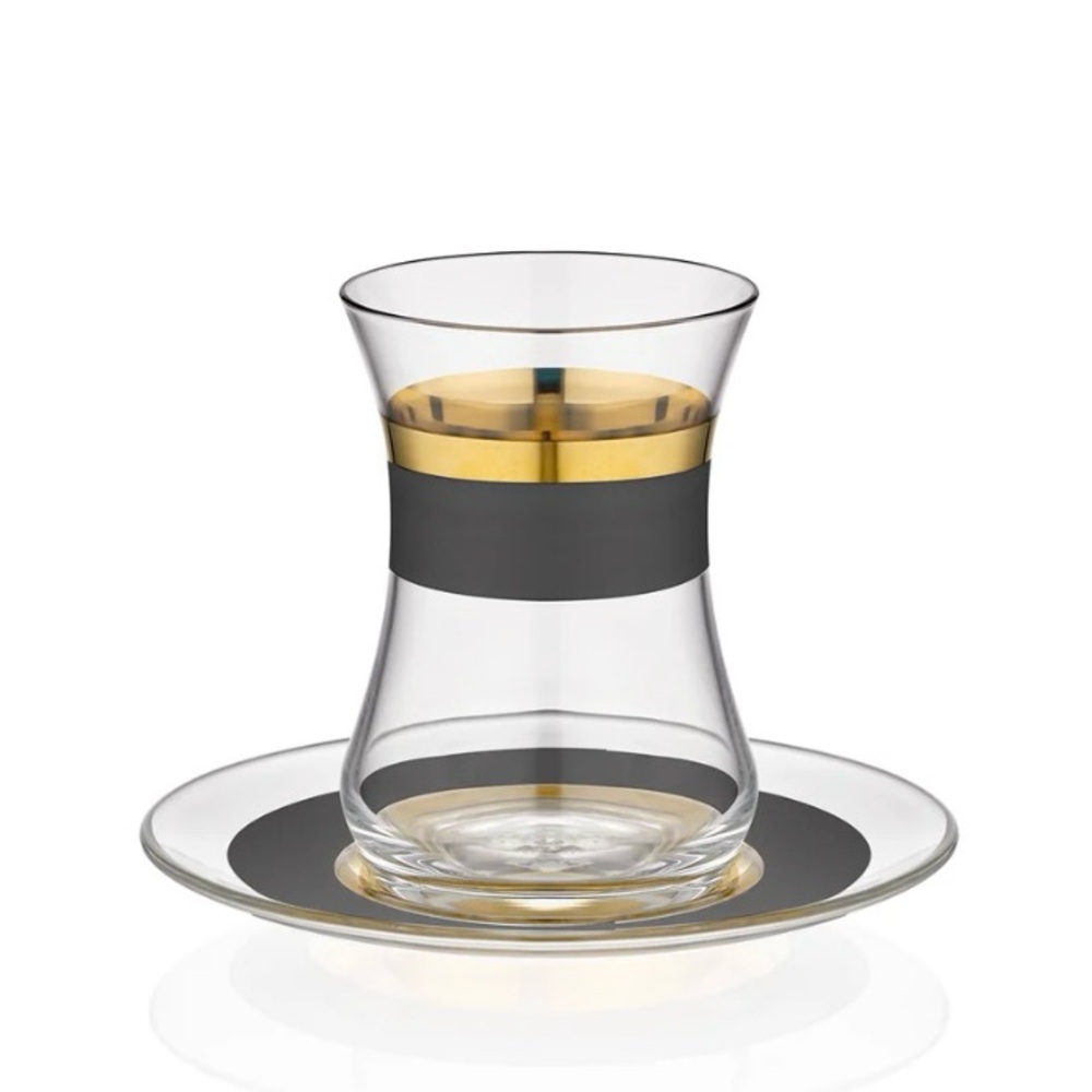 Elegant Turkish Glass Tea Set with Black & Gold Accents (Set of 6)